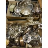 Two boxes of assorted plated wares to include wine coasters, plated candlesticks, toast rack,