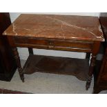 A French walnut wash stand with veined rosso marble top above a single drawer on turned supports