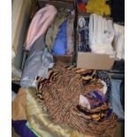 Four boxes of assorted fabrics to include various patterned remnants, bolts of netting,