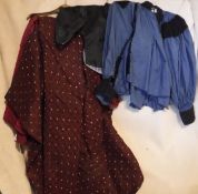 Two Victorian skirts of plum colour plus a blue cotton top with black trim and a Chinese black silk