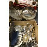 Two boxes of assorted plated wares to include tankard, sauce boats, twin-handled trophy cups, etc,