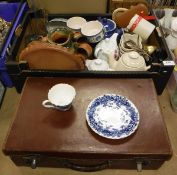 A box of various china to include tea wares, punch mugs and jug, various sunglasses,