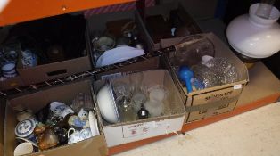 Six boxes of various sundry glassware, china and ornaments, handbags, etc, treenware,