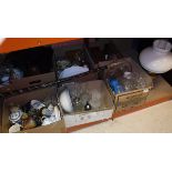 Six boxes of various sundry glassware, china and ornaments, handbags, etc, treenware,