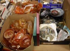 A large quantity of various carnival glass ware, including bowls, dishes, vases,