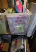 Two boxes of assorted children's bedroom accessories on a flower theme, to include storage baskets,