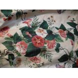 Three pairs of glazed cotton interlined curtains, the cream ground with floral decoration,