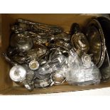 A box of assorted plated wares to include wine coasters, trays, three piece tea set,