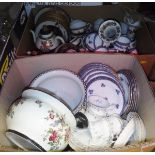 Two boxes of various china wares to include chamber pots, tea wares, dinner wares,