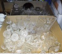 Two boxes of various glassware to include drinking glasses, decanters, bowls, jugs,