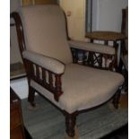 Two Victorian ladies and a gents walnut framed salon chairs in cream patterned upholstery,