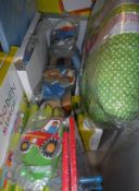 A box of assorted children's bedroom accessories loosely based on a vehicle theme,