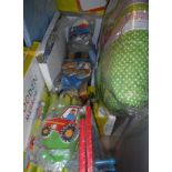 A box of assorted children's bedroom accessories loosely based on a vehicle theme,