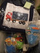 A box of assorted children's bedroom accessories to include Oskar & Ellen storage basket decorated