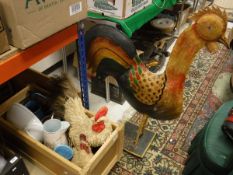 A box of various kitchen decorative wares, including vases, jugs, chicken ornaments,