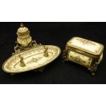 A 19th Century Continental dressing table / desk set comprising inkwell with pen stand and lidded