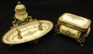 A 19th Century Continental dressing table / desk set comprising inkwell with pen stand and lidded