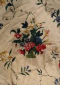 A pair of cotton interlined curtains, the cream ground with floral sprays,