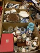 Three boxes of various china wares, dinner wares, ornaments, wall clock, copper warming pan,