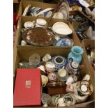 Three boxes of various china wares, dinner wares, ornaments, wall clock, copper warming pan,