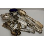 A bag of assorted silver and plated wares to include a pair of Victorian sugar tongs and open salt