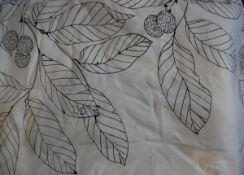 Two pairs of cotton monochrome interlined curtains with leaf and fruit decoration