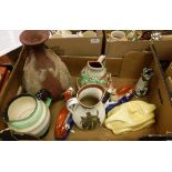 A Sadler race car teapot, a Roskyl pottery jug, French pottery lizard, grape and vine decorated jug,