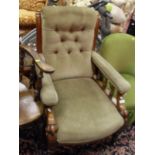 A Victorian walnut framed button back open armchair and a Victorian upholstered salon chair