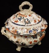 A Victorian Amhurst China Imari pattern soup tureen with cover and stand, a sauce tureen and cover,