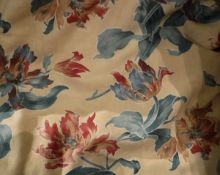 A pair of cotton interlined curtains, the yellow ground set with floral sprays in red and green,