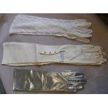 Three pairs of size 6½ evening gloves, a pair of vintage leather cream evening gloves,