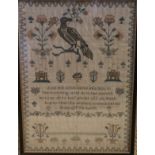 An early 19th Century sampler by Jane Arnolds aged 12 dated Nov 18 1836 worked with dove and floral