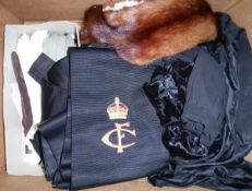 A box containing fur tippet, red silk shawl, various leather gloves,