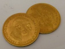 An Austrian four Florin ten Franc gold coin and another ten Franc three Corona coin dated 1892 and