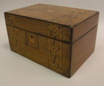 A Victorian walnut and parquetry work banded jewellery box containing a tartan ware decorated