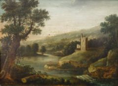 19TH CENTURY ENGLISH SCHOOL "River landscape with folly on hill", oil on panel, unsigned,