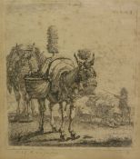 AFTER KAREL DU JARDIN (1621-1678) "The two mules", black and white engraving, 15.