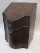 A George III mahogany knife box with starburst top and barber pole inlaid decoration over the