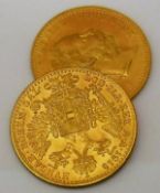 Two gold Austrian one ducat coins bearing date 1915,