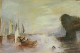 FOLLOWER OF JOSEPH MALLORD WILLIAM TURNER "Estuary or lagoon scene with various sailing vessels,