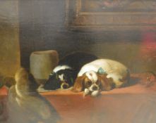 19TH CENTURY BRITISH SCHOOL "King Charles spaniels at rest on table with wide-brimmed hat and trap