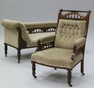 A late Victorian walnut salon suite in the Aesthetic taste comprising chaise longue,