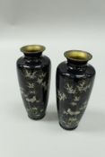 A pair of Japanese cloisonné vases decorated with birds amongst blossoming foliage on a deep blue