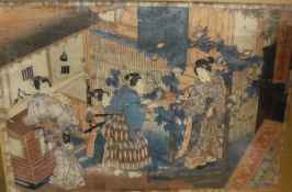 19TH CENTURY JAPANESE SCHOOL IN THE MANNER OF KIYONAGA "Figure in a doorway handing over gift of