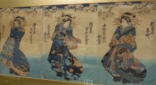 19TH CENTURY JAPANESE SCHOOL "Three geishas", framed as one, Japanese woodblock prints, with script,