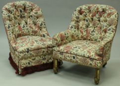 Two button back salon chairs with a cream ground foliate patterned upholstery,