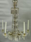 A 20th Century gilt brass and glass drop five branch electrolier,