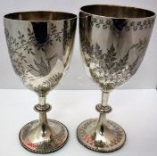 A Victorian silver goblet with engraved crane and foliage decoration in the Aesthetic taste (by