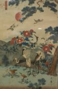 19TH CENTURY JAPANESE SCHOOL IN THE MANNER OF UTSUSHI RINSAI "Four cranes standing beneath a tree