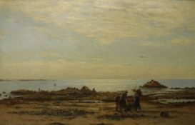 RENARD (probably EMILE RENARD 1850-1930) "Coastal landscape at sunset with figures in foreground",